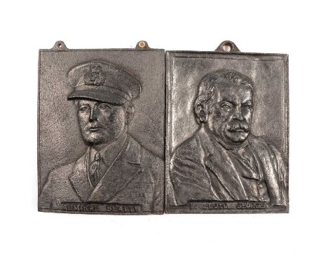 Two metal portrait plaques, Lloyd George and Admiral Beatty,16x12.5cm, made from metal from the German submarine Deutschland.