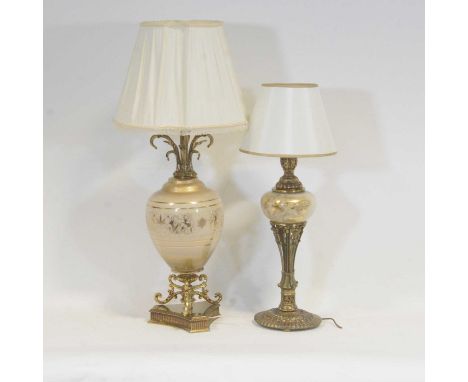 Modern table lamp, printed glass body with gilt metal mounts, pleated shade, height 94cm overall, and another similar but sma