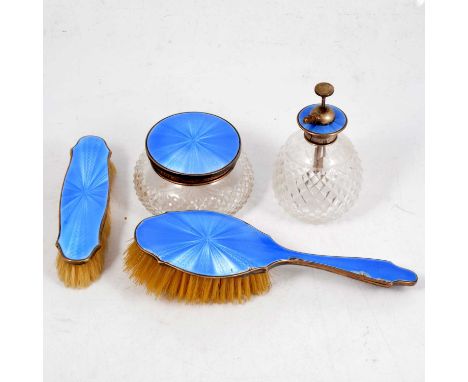 Silver and enamelled dressing table set, including cut glass atomiser, marked Sterling, 13cm, circular covered bowl and two h