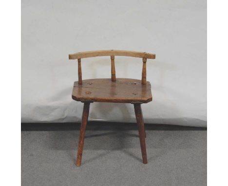 Welsh elm and beech chair back stool, scrolled top rail above comb spindles, boarded seat, turned legs, width 47cm, height 62