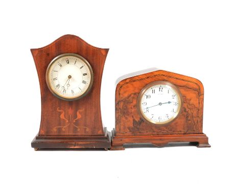 Two Edwardian mantel clocks, a walnut cased 8 day clock, width 22.5cm, and an inlaid mahogany cased clock, Swiss cylinder mov