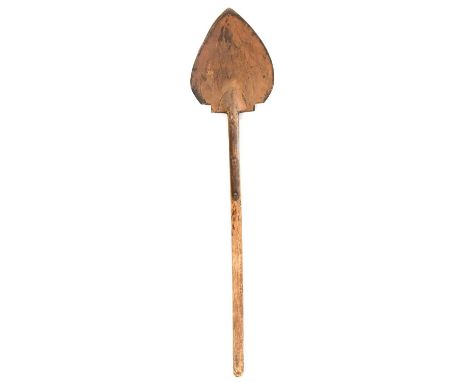 Vintage peat spade, the steel head in a Spade shape, handle reduced, 127cm.