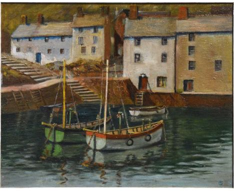 C M Lambert, Polperro harbour,oil on board, signed with monogram, label on the reverse,39x49cm.