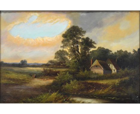 R Percy,Landscape with cottage,oil on canvas, signed,49x74cm.Condition report:Large patch seen on the back of the canvas whic