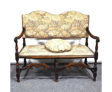 Oak framed chair back settee, scrolled arms and front rails, turned legs, machine tapestry upholstery, width 115cm, height 92