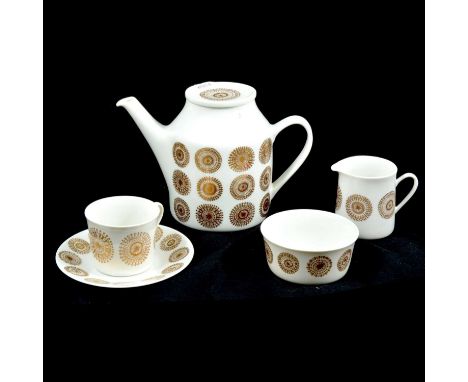 1960s Porsgrund porcelain coffee set, Norwegian, with stylised flowerheads in gilt design, comprising coffee pot, twelve cups