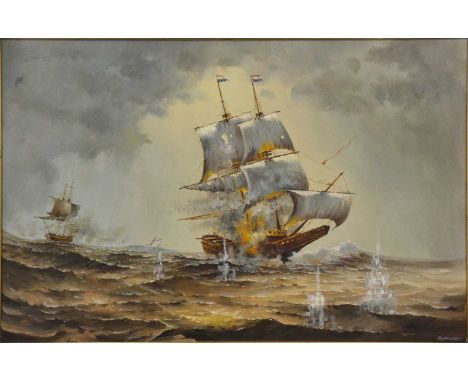 R Mallett,Naval battle,oil on canvas, signed,60x90cm.