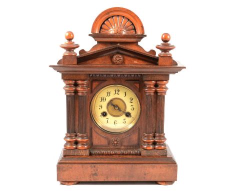 German walnut shelf clock, spring driven movement striking on a gong, 42cm.Condition report:Movement is striking and ticking 