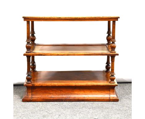 Victorian burr walnut whatnot, adapted, now with two tiers, the base with a single drawer, 59 x 37cm, height 54cm.Condition r