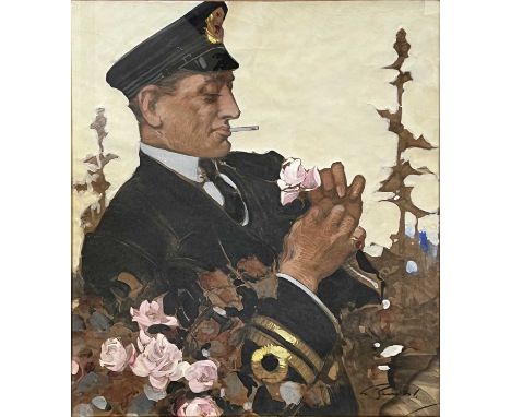 William Henry Barribal,Naval Officer,half length portrait in profile, holding a rose, watercolour, signed,52x47cm.