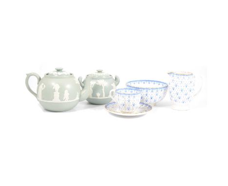 Quantity of Jasperware including James Dudson teapot, sucrier and cover and jug, and Copeland China tableware, blue fleur-de-