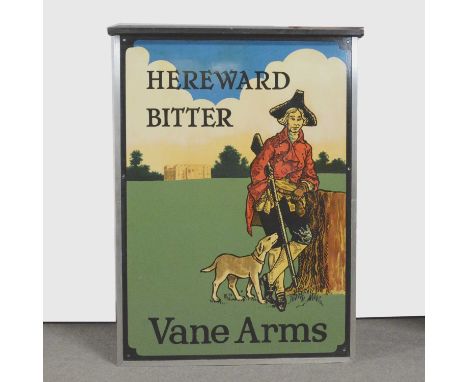 Breweriana: Hereward Bitter Vane Arms painted wooden pub sign, formerly from the Vane Arms Sudborough, painted with the figur