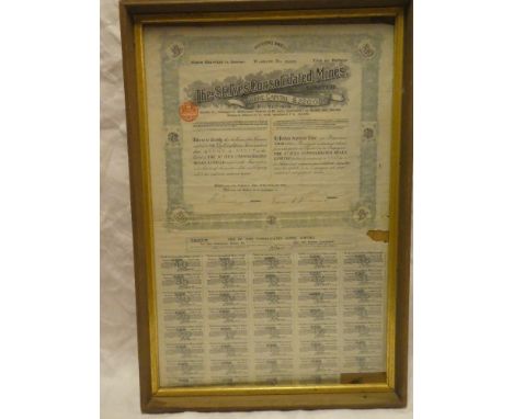 A large 1911 Cornish Mining Share Certificate for the St Ives Consolidated Mines, framed and glazed