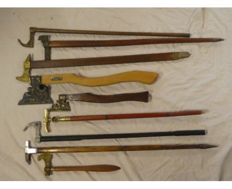 A selection of mining related ceremonial staffs and axes, German mine ceramic sauce boat and plate, etc