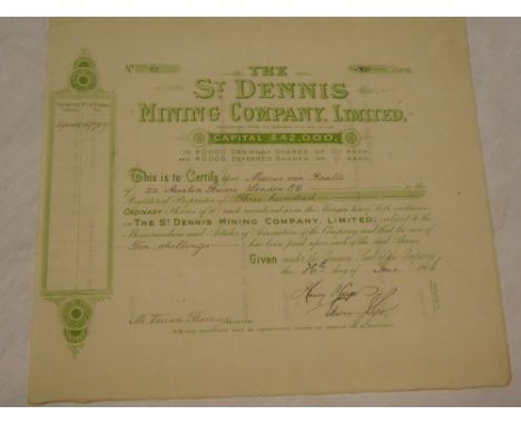 A Cornish mining share certificate for the St Dennis Mining Company Limited for 300 shares dated 1906