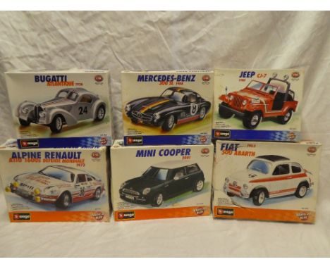 Six Burago boxed metal car kits including Mercedes Benz 300SL; Bugatti Atalantique; Mini Cooper; Alpine Renault, etc (6)