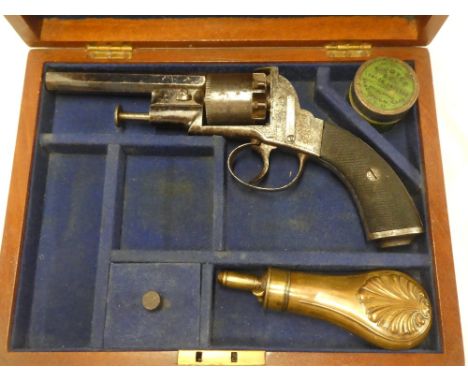 A mid-19th Century Adams-style 80-bore percussion six-shot revolver with 4 1/2" octagonal barrel, engraved action and spring-