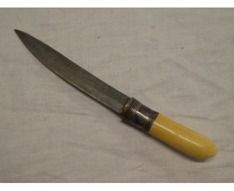 A small 19th Century Burmese dagger with 6" single edged curved blade, silvered ferrule and ivory hilt