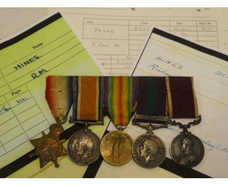 A group of five medals awarded to Sgt. R.M. Payne with a later change of name/alias Hines DCLI : - 1914-15 Star trio  No. 925