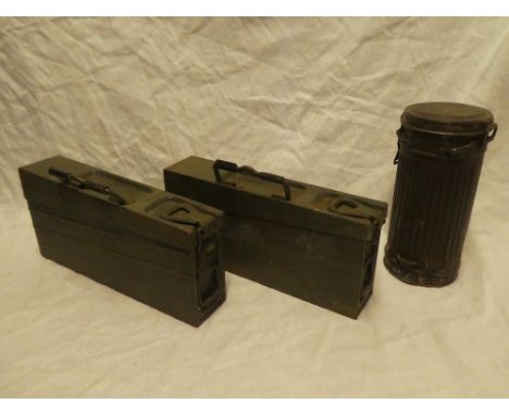 Two Second War German MG13 ammunition cases and a Second War German steel gas mask container (3)