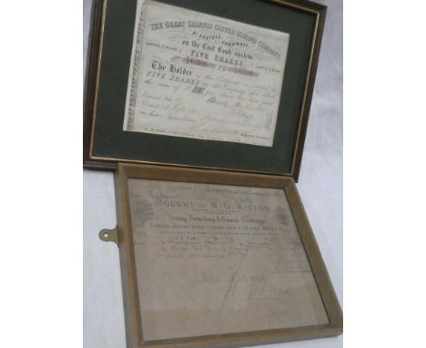 An 1852 Cornish Mining Share Certificate for the Great Crinnis Copper Mining Company St Austell, framed and glazed and a fram