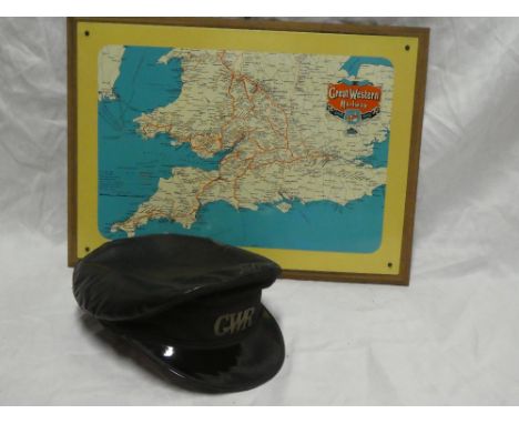 A reproduction GWR engine drivers cap with brass badge and a reproduction GWR 1902 tin-plate coloured network map (2)