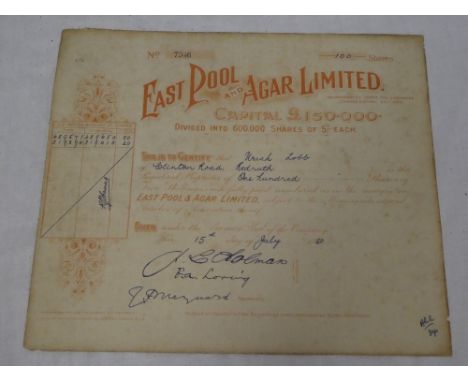 A Cornish mining share certificate for East Pool and Agar Limited mines for 100 shares dated 1920