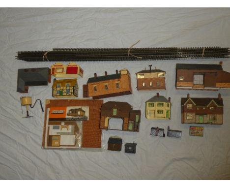 A selection of OO gauge model railway buildings, GWR engine shed, signal box, a selection of flexible track and related items