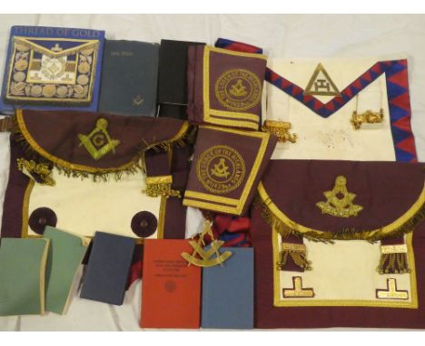 Various Masonic aprons, sash, Masonic books including Thread of Gold - Celebrating the Unbroken History of Freemasonry in Cor