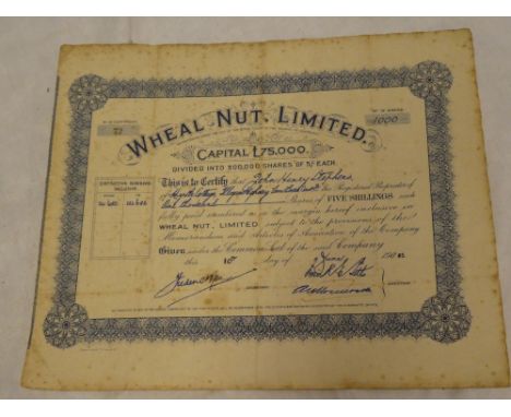 A Cornish mining share certificate for Wheal Nut Limited dated 1903 purchased by JA Stephens of Illogan Highway