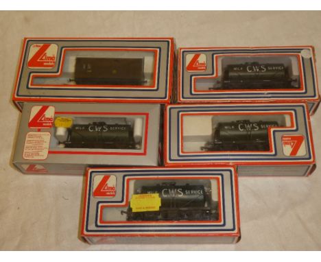 Lima OO gauge - four mint and boxed six wheel milk wagons and a similar guards van (5)