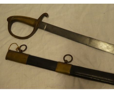 A 19th Century Continental Pioneers sword with 26" single edged blade and brass mounted leather scabbard