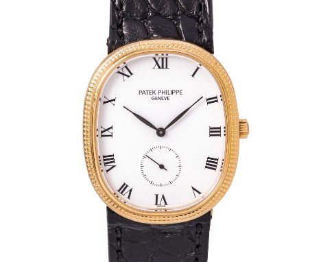 PATEK PHILIPPE Ellipse d'Or, Ref 3987 Armbanduhr. 18K Gold mit Clou de Paris Lünette. Neues Lederband mit original Faltschlie
