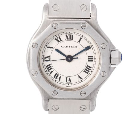 CARTIER Santos Octagon Damenuhr, Ref. 0906. Aus 1983. Edelstahl. Automatik-Werk, gute Gangwerte, Protokoll anbei. Weißes Ziff