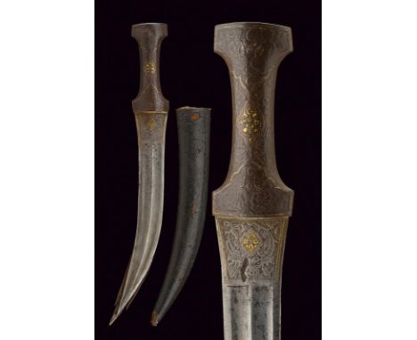 dating: 19th Century provenance: Indopersia, Curved, double-edged blade, in damask, with double fuller, tip with five cusps, 