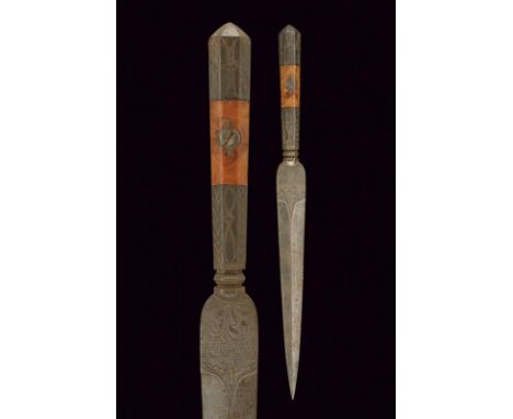 dating: 19th Century provenance: Italy, Straight, double-edged blade ribbed in the center, base finely engraved with floral m