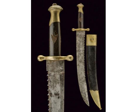 dating: 19th Century provenance: Europe, Curved, single-edged blade with saw-back and tang; horn grip with brass mounts. The 