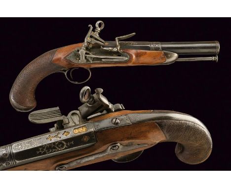 dating: circa 1800 provenance: Spain, Smooth-bore, two-stage, finished, 17 mm cal. barrel, octagonal first part with gold-pla