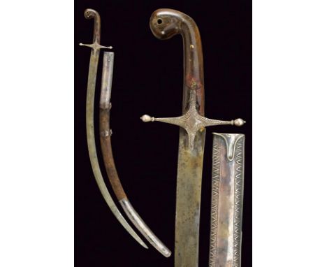 dating: 19th Century provenance: Turkey, Flat, single-edged blade, in damask. Silver hilt with engraved cross-quillon and hor