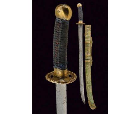 dating: 19th Century provenance: China, Slightly curved, single-edged blade, provided with two, slight fullers; nice, brass h