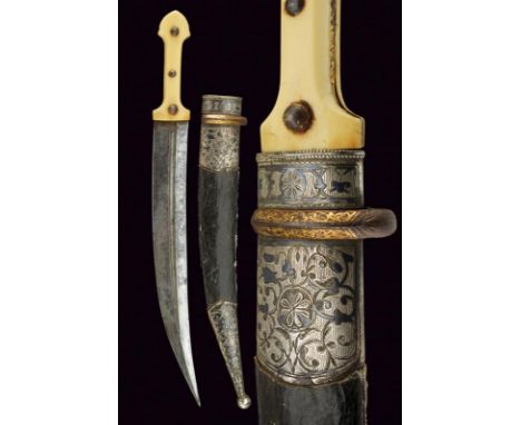 dating: 1850/60 provenance: Caucasia, Curved, double-edged blade with deep asymmetrical groove; grip with walrus ivory grip s