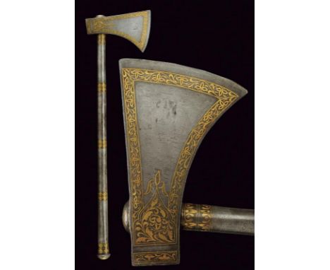 dating: Late 19th Century provenance: Indopersia, Iron head, with slightly convex-edged axe and rectangular handle, finely de