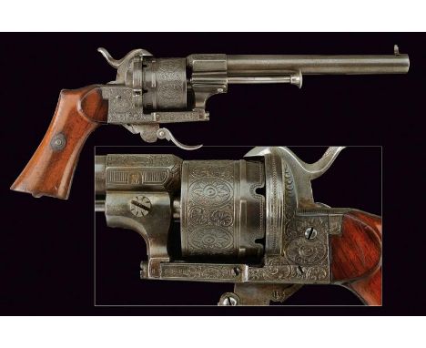 dating: about 1870 provenance: Belgium, Round, rifled, 9 mm cal. barrel, with octagonal base, engraved and marked with crowne