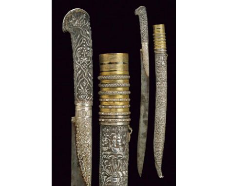 dating: 19th Century provenance: Balkans, Slightly curved, single-edged blade. Completely silver grip, richly decorated with 