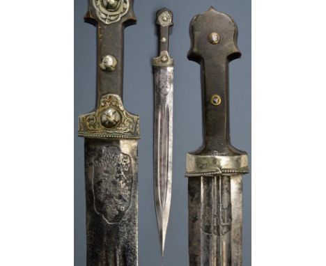 dating: circa 1900 provenance: Caucasia, Straight, double-edged blade with triple groove, rust areas, the base engraved with 