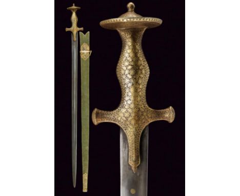 dating: 19th Century provenance: India, Straight, single-and false-edged blade, base with brass-inlaid circle. Typical, iron 