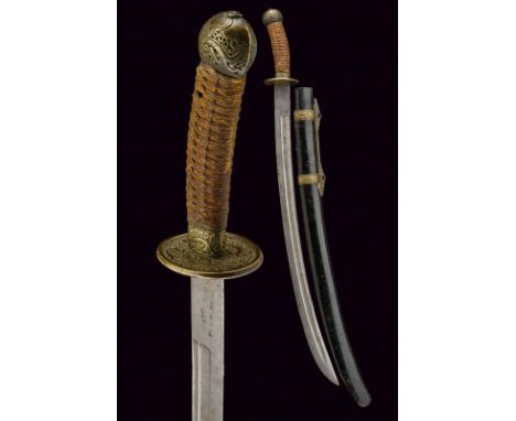 dating: 19th Century provenance: China, Wide, curved, single-and false-edged blade with double groove; brass hilt, finely eng