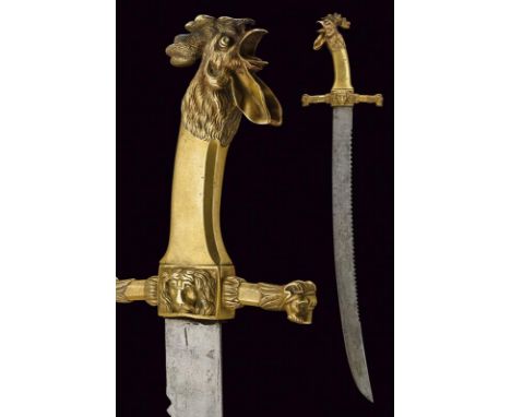 dating: First half of the 19th Century provenance: France, Curved, single-and false-edged blade with saw-back. Brass quillon 