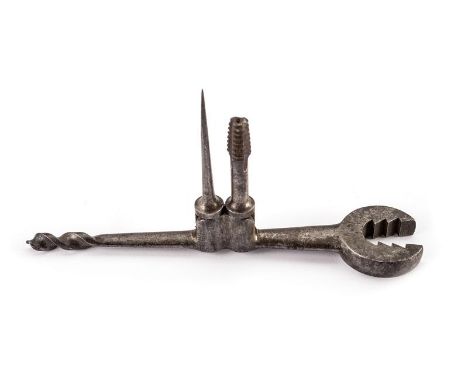dating: 19th Century provenance: Italy, In iron. The axis with drill and wrench, center with two other folding tools. length 