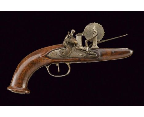 dating: circa 1800 provenance: France, Short, vertical, octagonal barrel, with dented wheel with scale, flintlock; wooden, pi